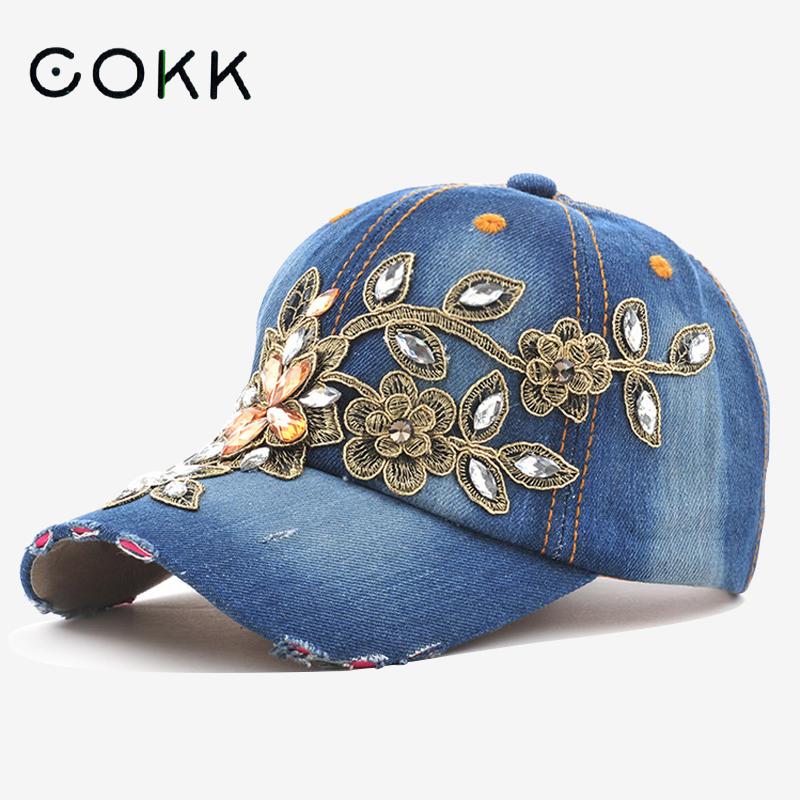 Embroidery On Jeans - Cokk-女性の野球帽、刺embroidery花、デニムバックハット、女性のカウボーイ帽子、夏の日よけ帽、ダイヤモンド絵画