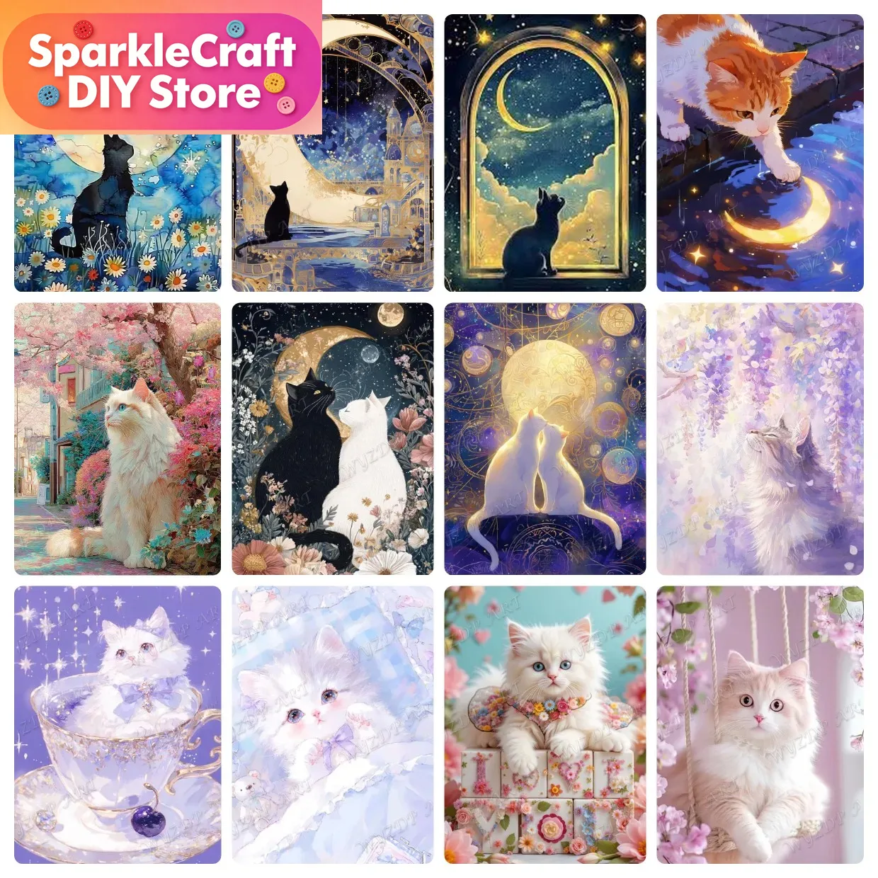Embroidery Room - 動物猫月ダイヤモンド塗装キット 5D DIY モザイクダイヤモンド刺繍手作りアート絶妙なギフト家の装飾