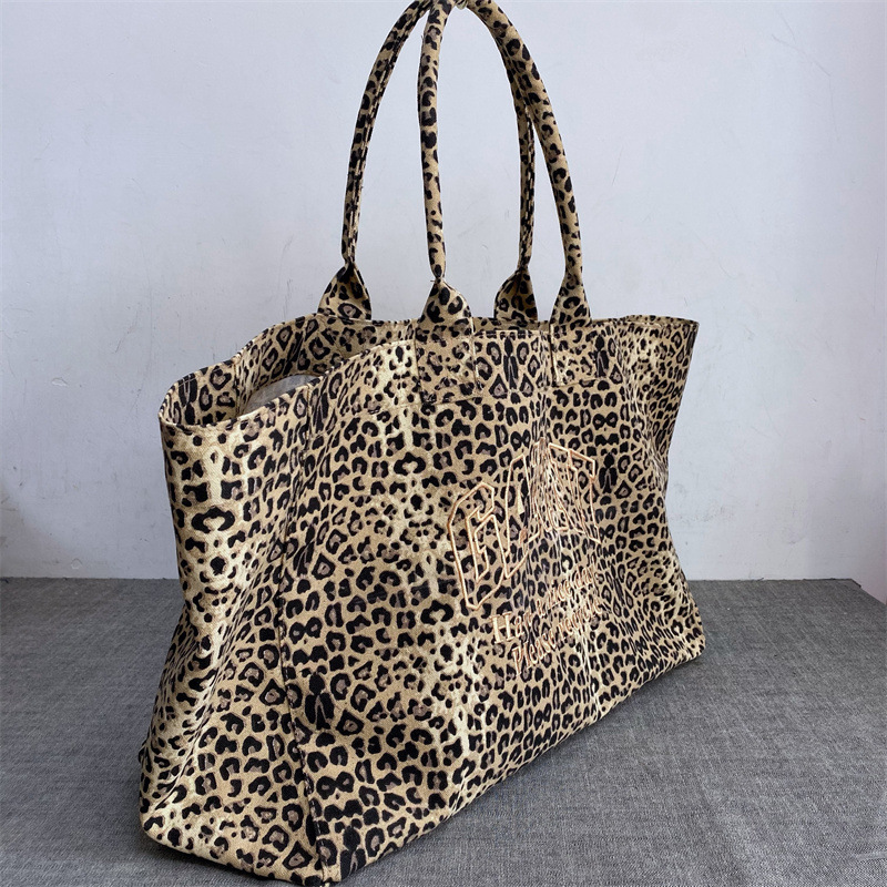 Embroidery Motif - ユニセックスヒョウ柄刺繍キャンバストートバッグカジュアルハンドバッグ再利用可能なショッピングバッグファッションショルダーバッグ男性女性用デイリー