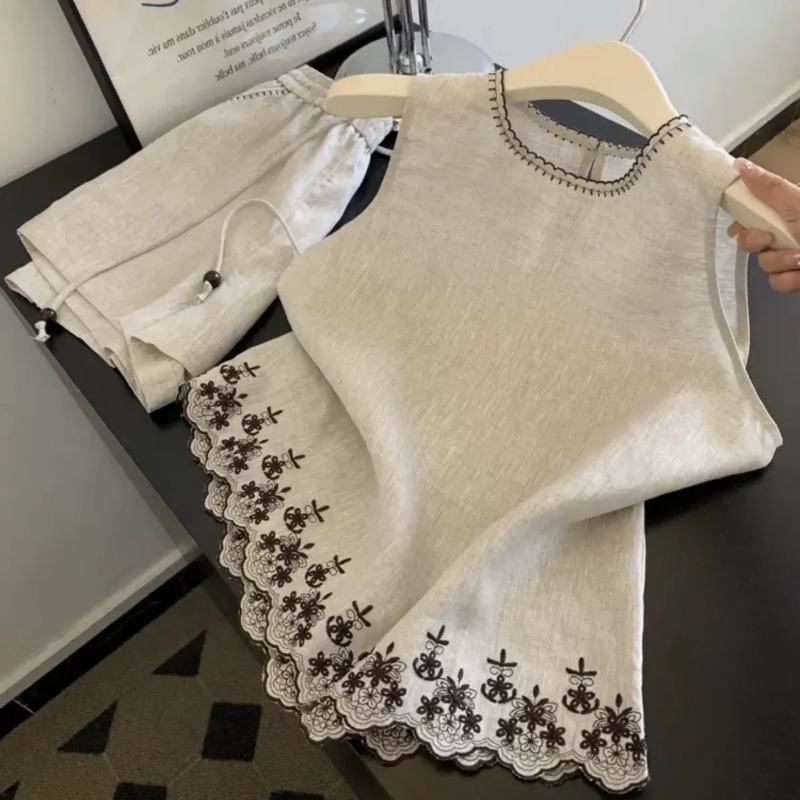 Embroidery Class - シンプルなオールドマネースタイルの綿麻ヘビーインダストリー刺繍レースベストレディースサマーショートパンツツーピーススーツ