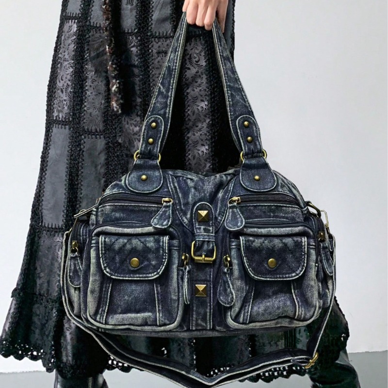 Embroidery Class - ファッショナブルなデニムトートバッグ 女性用ショルダーバッグ レトロクロスボディバッグ 女性用クラスバッグ ガールズトラベルバッグ Сумка