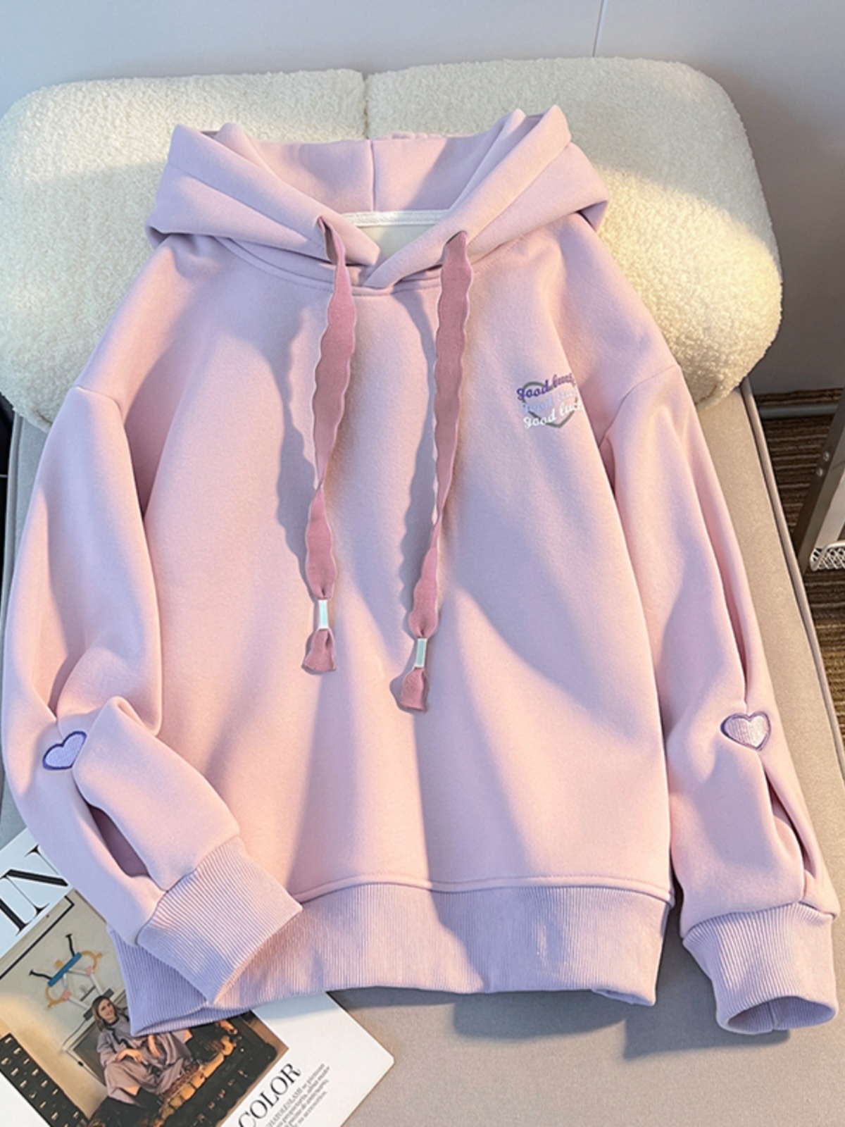 Embroidery Design Love - 厚手のパーカースウェットシャツ女の子が大好きな刺繍デザインセンス帽子シャツアッパーコート韓国風長袖ミドル丈