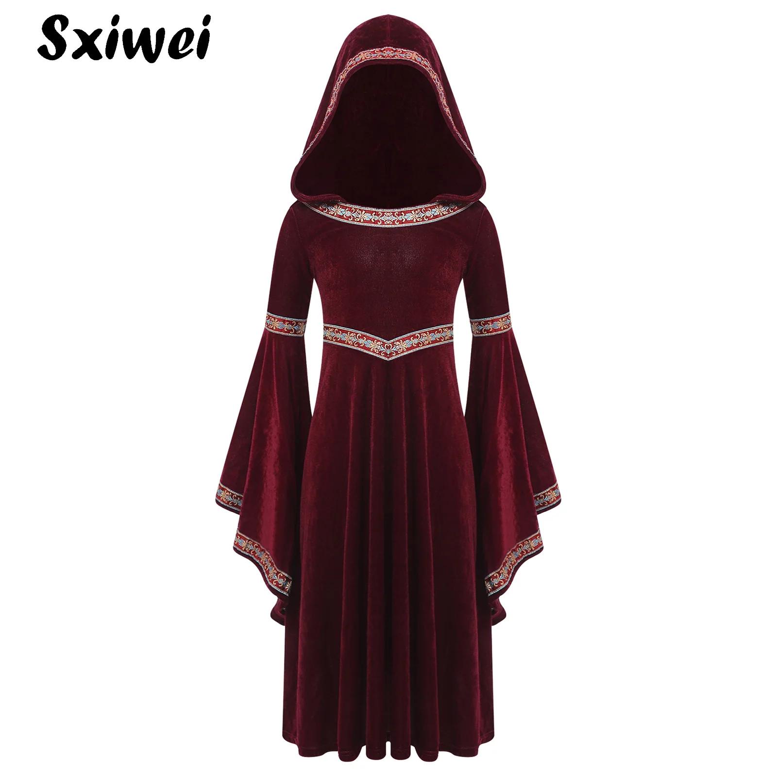 Embroidery Motif - フード付き中世プリンセスコスチューム 女の子用 ロングルネッサンスドレス ゴシック魔女コスプレ ベルベットローブ ハロウィンカーニバルドレスアップ