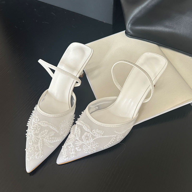 Embroidery Flower - 2026 エレガントなスリングバックサンダル女性薄型ハイヒールパンプスブランドデザイナーメッシュ刺繍花バックストラップウェディングパーティーシューズ