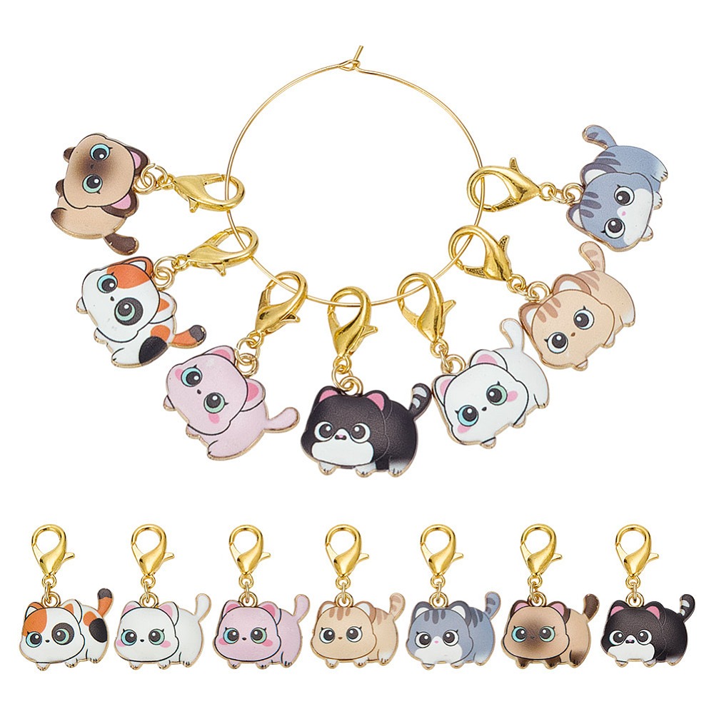 Embroidery Cat - 14 個 7 スタイル猫合金エナメルペンダントロックステッチマーカー合金ロブスター爪留め金具付き混合色 3.5 センチメートル