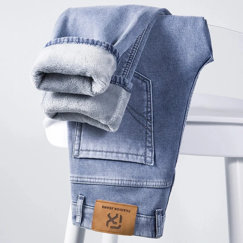 Embroidery On Jeans - 冬用フリース裏地付き厚手暖かいジーンズ ヴィンテージブランド クラシック レトロ ユースファッション メンズ