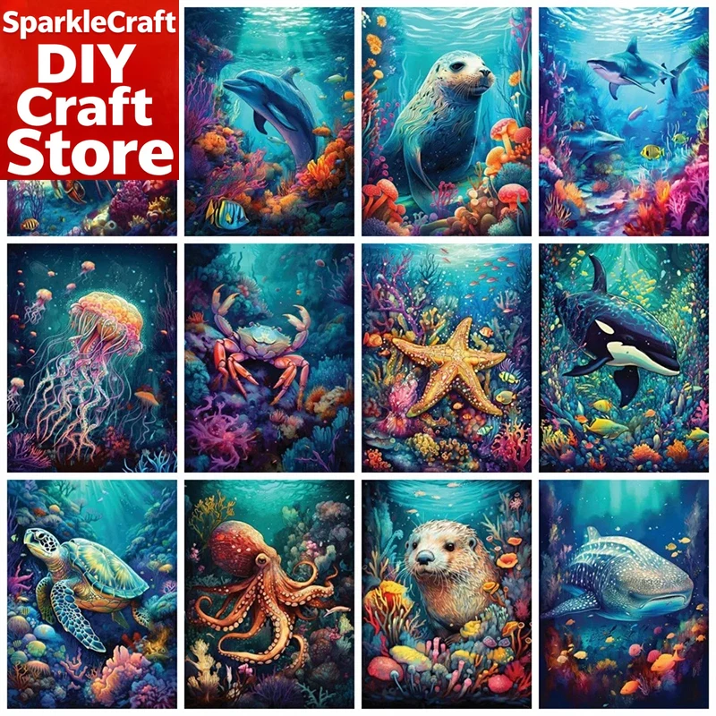 Embroidery Room - 1PC フレームレスフルスクエアラウンドダイヤモンド塗装キットイルカウミガメ家の装飾刺繍モザイク動物壁アート