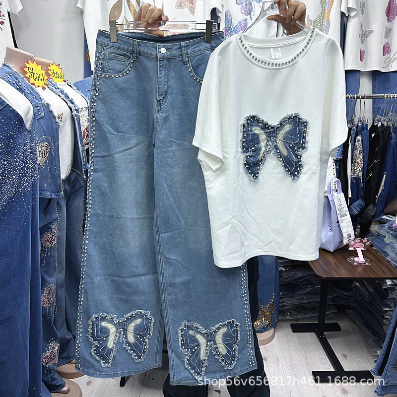 Embroidery On Jeans - 春夏新作ゆったりレディースツーピースセット刺繍蝶柄白半袖Tシャツ＋カジュアルワイドレッグストレートジーンズ