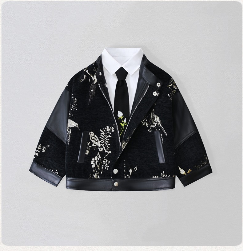 Embroidery Class - 紳士風キッズ刺繍入りバイク用PUレザージャケット 男の子用 防水防風コート キッズクリスマス 新年写真撮影用ウェア