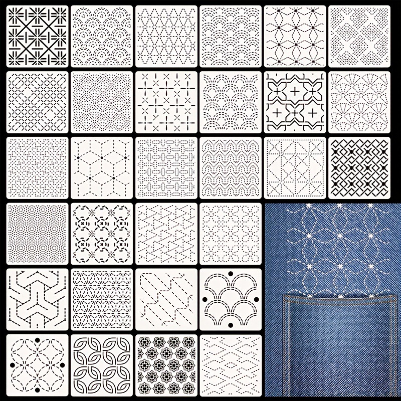 Embroidery Motif - 30 個の刺繍テンプレート DIY 刺繍パターン幾何学ラインキルティングテンプレート縫製用手縫いキルティングに再利用可能