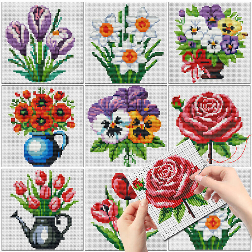 Embroidery Design Patterns Flowers - Evershine 8 個ミニフラワークロスステッチ花瓶パターンフレームなしプリントキャンバス新着刺繍ローズユリデザイン子供ギフト
