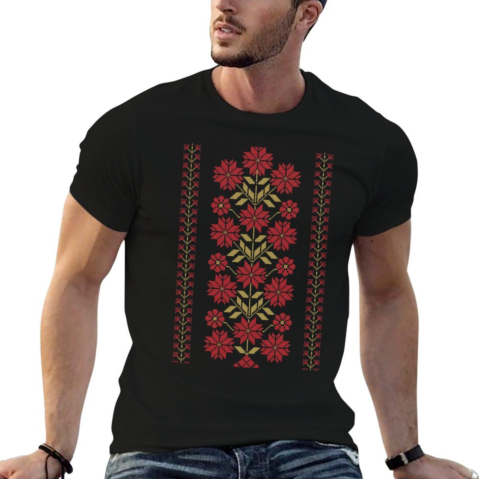 Embroidery Design Patterns Flowers - 伝統的なタトリーズ刺繍花柄デザイン 9 レッドゴールド T シャツ プラスサイズ