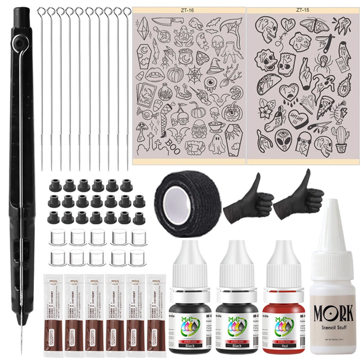Transfer Pen Ink - 完全なタトゥー用品キット、A4柄タトゥー転写紙 - 描画不要、ポークアンドスティックタトゥー手作りペン機器、初心者向けDIYタトゥー、針10本、黒ボトル2本、赤インク顔料1本、10mlタトゥー転写ジェルタトゥー用品、プラグイン不要、自宅でDIYタトゥー、電源なし