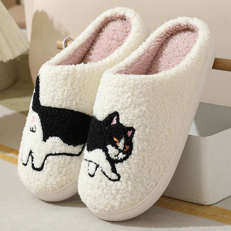 Embroidery Room - 冬用プラッシュキュートダックスフンド刺繍ホームスリッパ レディース 室内用 静音 暖かい 滑り止め