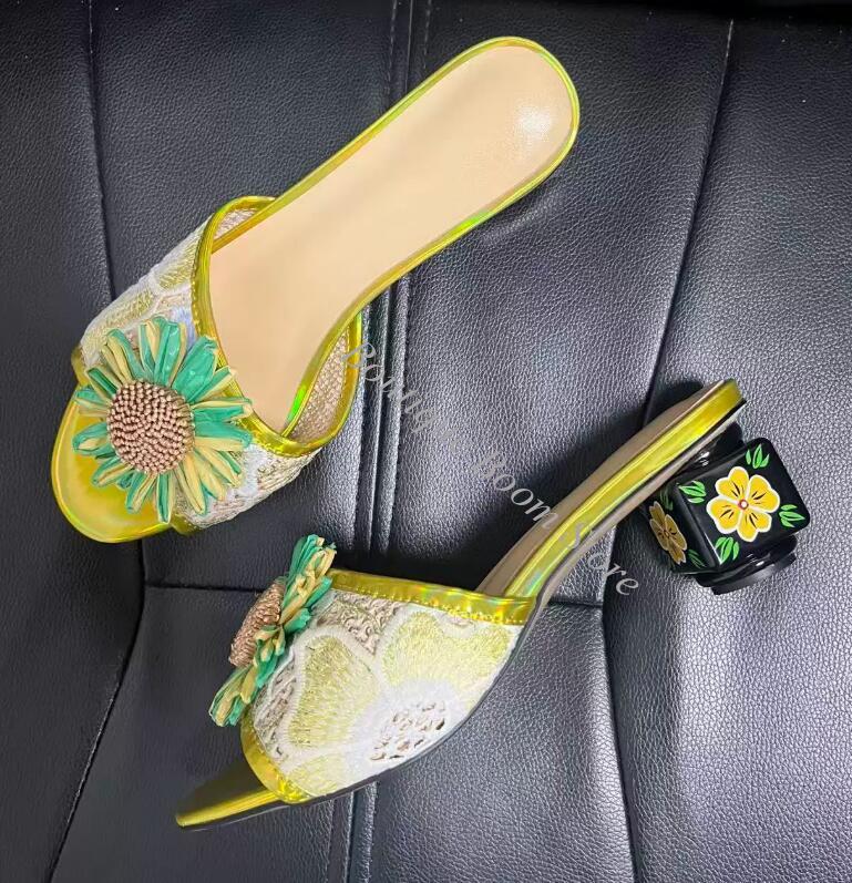 明るいひまわりの花柄刺繍レーススリッパサンダル レディース  - Embroidery Flower のレビューと価格