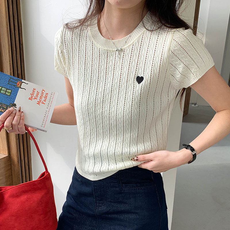 女性 Tシャツ ラウンドネック 半袖 ラブ刺繍パターン 中空 - Embroidery Design Love のレビューと価格
