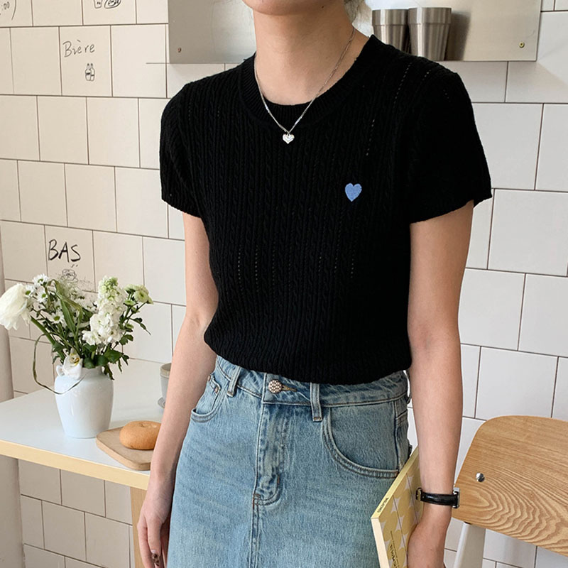 女性 Tシャツ ラウンドネック 半袖 ラブ刺繍パターン 中空 - Embroidery Design Love のレビューと価格