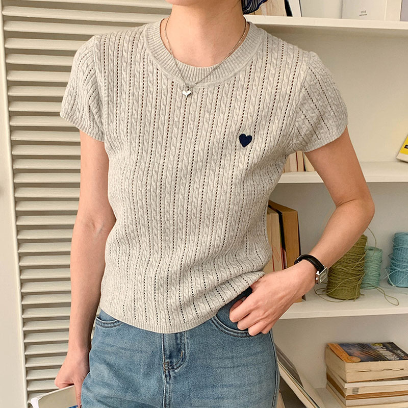 女性 Tシャツ ラウンドネック 半袖 ラブ刺繍パターン 中空 - Embroidery Design Love のレビューと価格