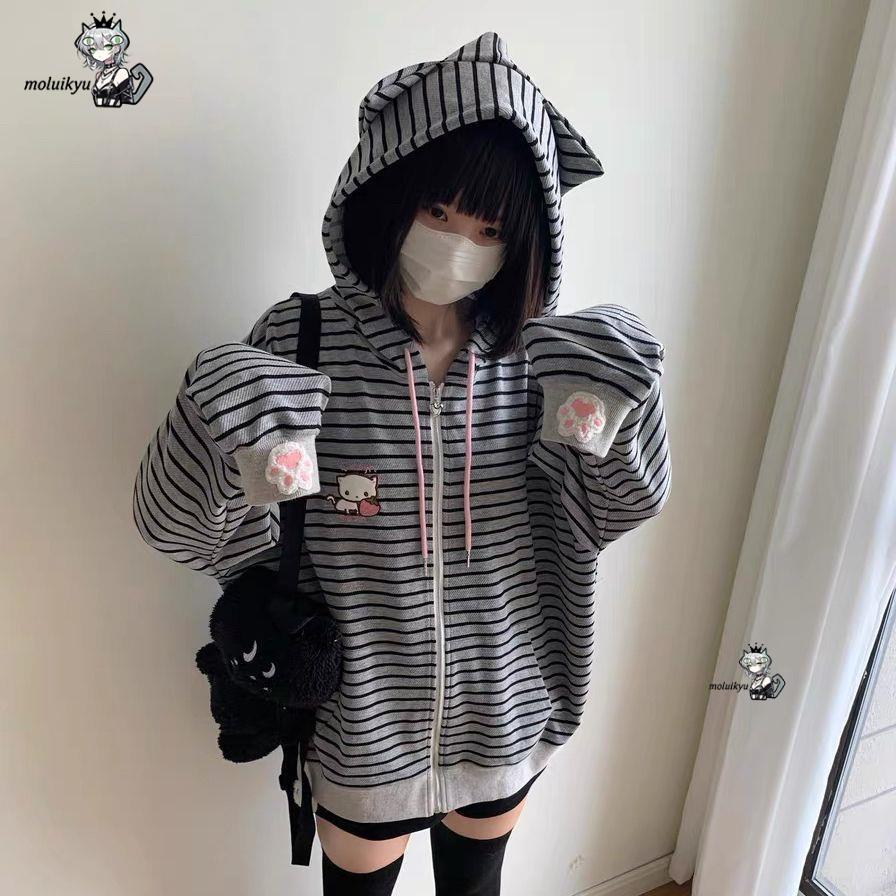 Y2K 女性ストライプジップアップジャケットかわいい猫耳パー - Embroidery Cat のレビューと価格