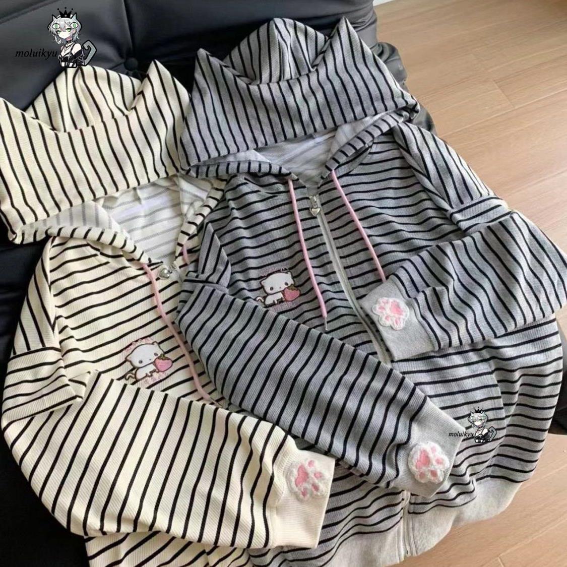 Y2K 女性ストライプジップアップジャケットかわいい猫耳パー - Embroidery Cat のレビューと価格