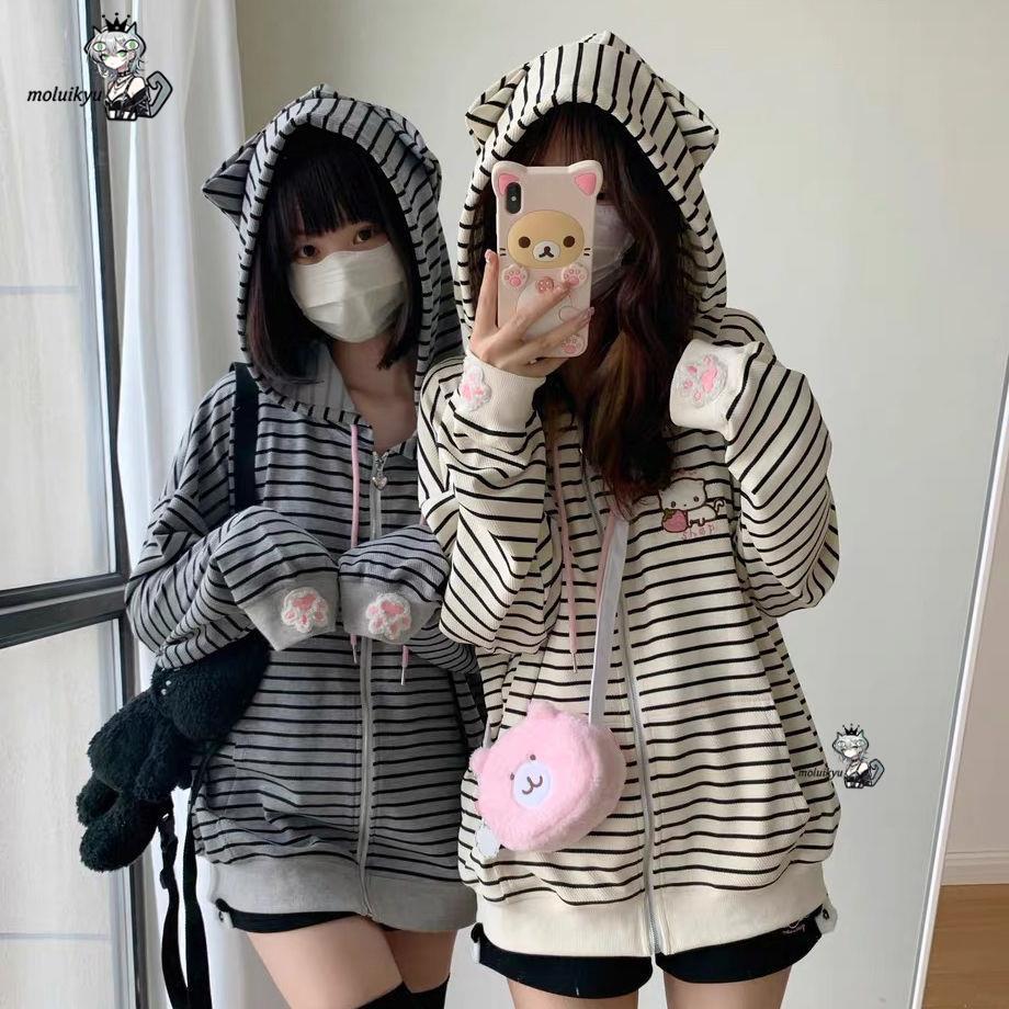 Y2K 女性ストライプジップアップジャケットかわいい猫耳パー - Embroidery Cat のレビューと価格