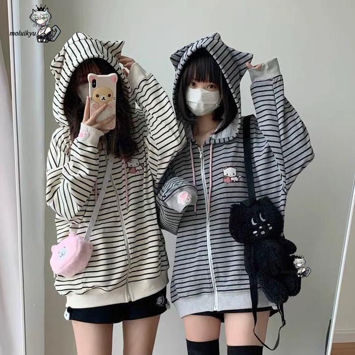 Y2K 女性ストライプジップアップジャケットかわいい猫耳パー - Embroidery Cat のレビューと価格