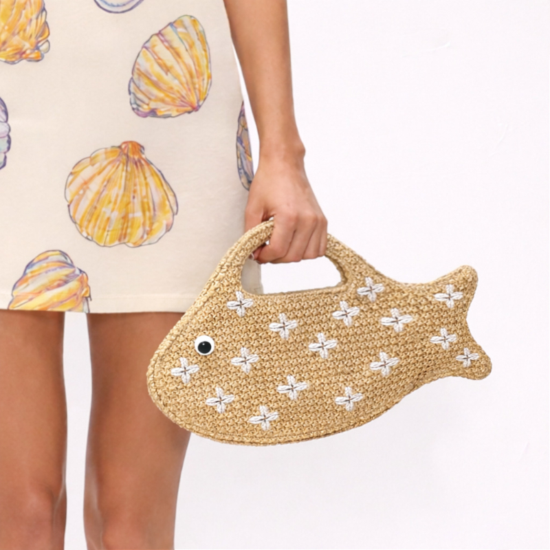 ラフィアわら編みバッグ、魚の形をした面白くてかわいい女性用ハ - Embroidery Fish のレビューと価格