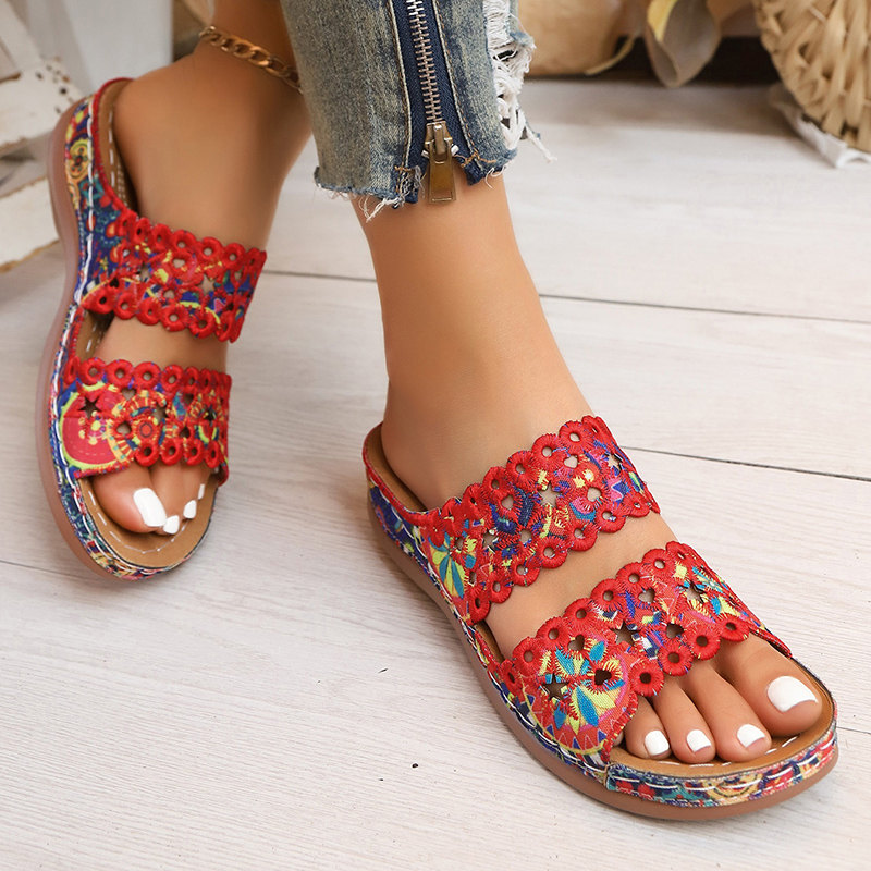 カラフルな花の刺繍ウェッジサンダル女性 2026 夏ボヘミア - Embroidery Flower のレビューと価格