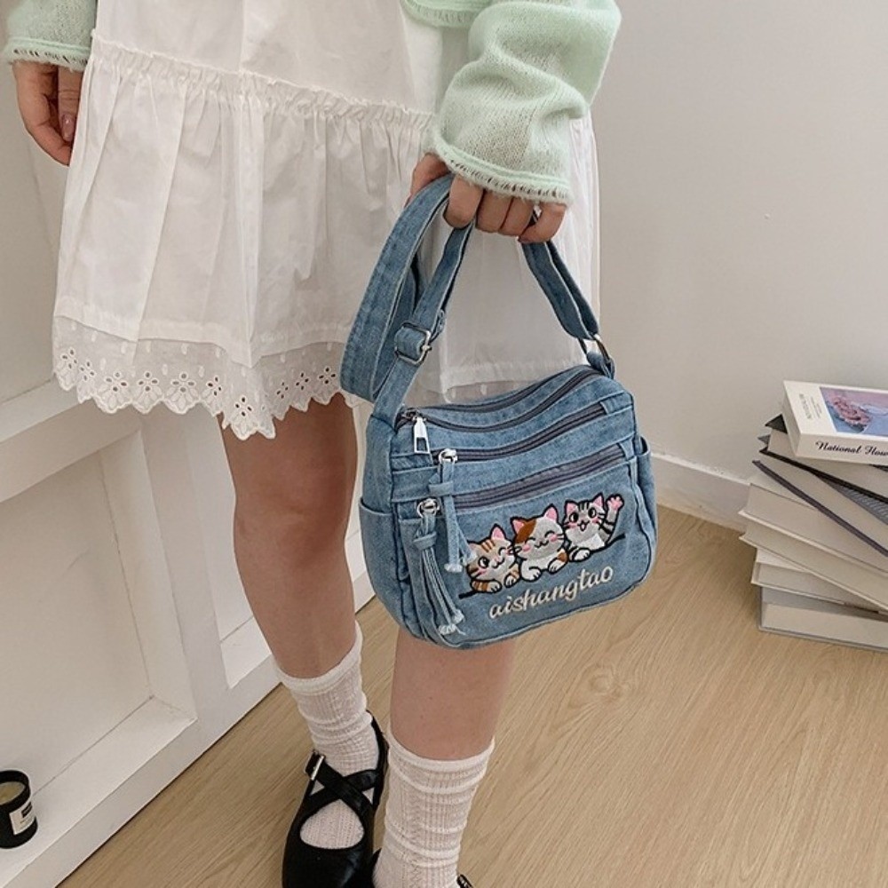 ヴィンテージ生地デニムクロスボディバッグ調節可能なストラップ - Embroidery Cat のレビューと価格