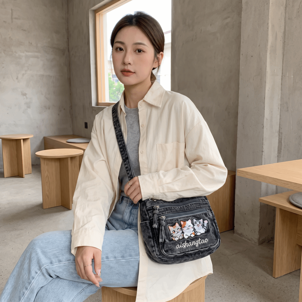 ヴィンテージ生地デニムクロスボディバッグ調節可能なストラップ - Embroidery Cat のレビューと価格