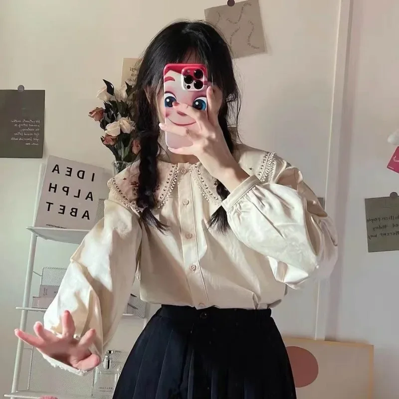 シャツ女性日本スタイル刺繍デザイン素敵なピーターパン襟ブルー - Embroidery Design Love のレビューと価格