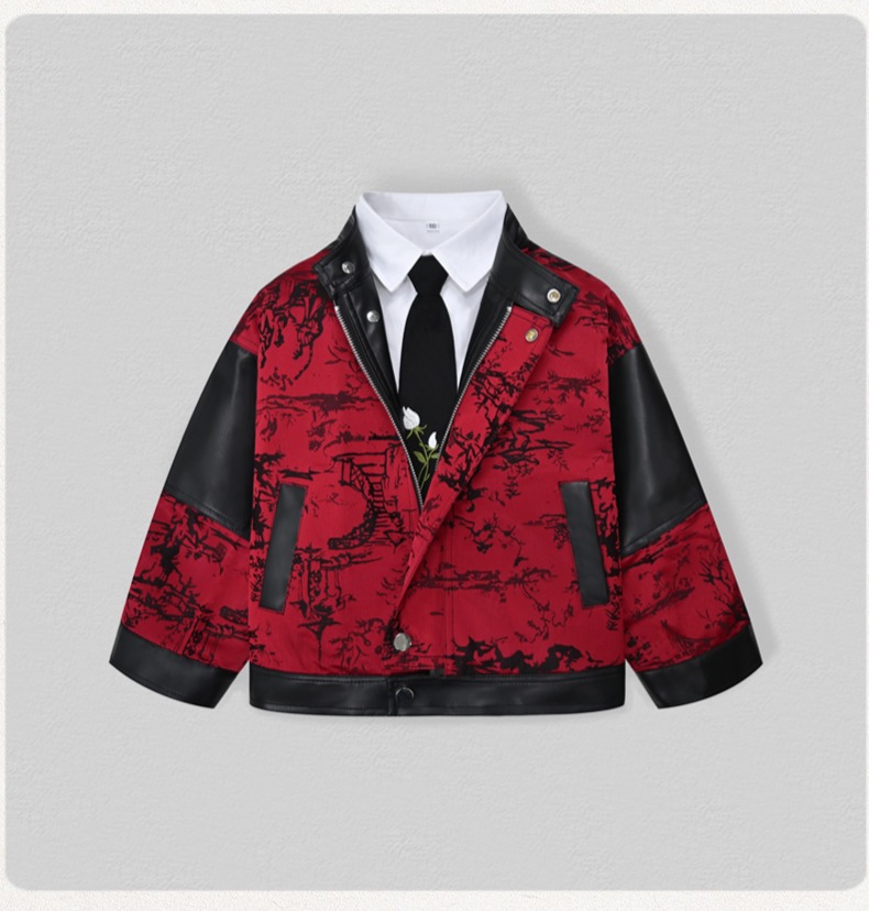 紳士風キッズ刺繍入りバイク用PUレザージャケット 男の子用  - Embroidery Class のレビューと価格