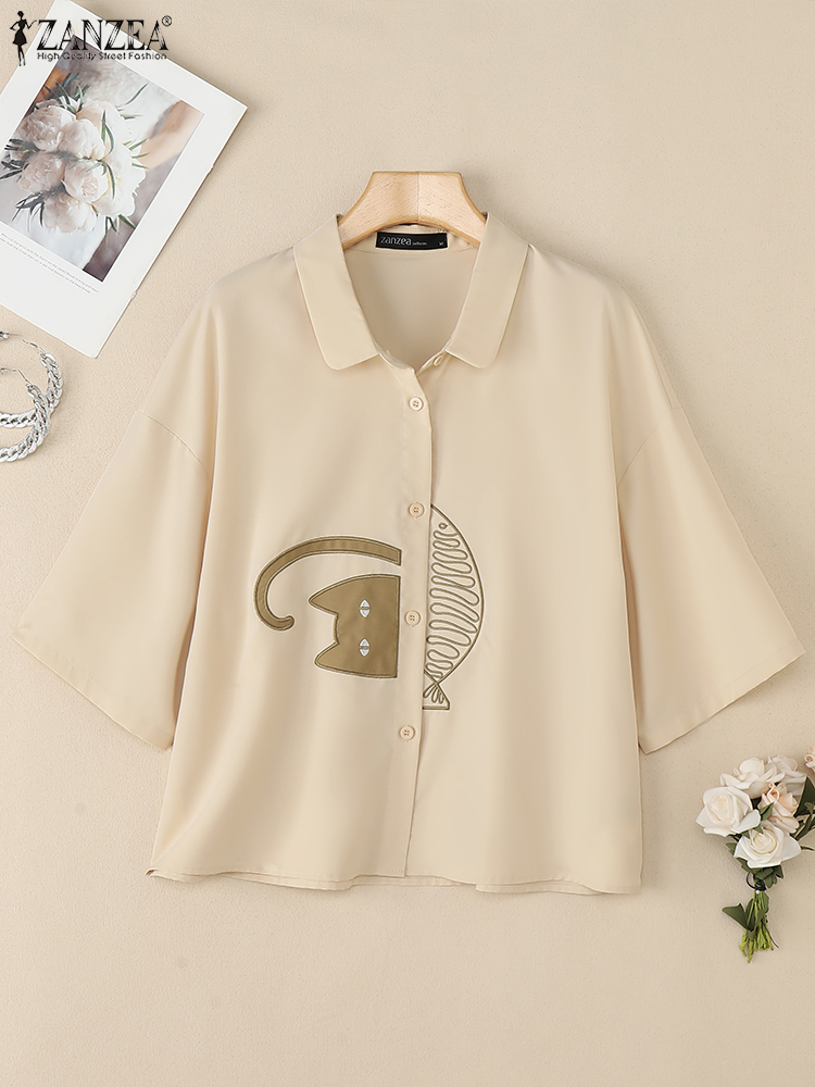 ZANZEA レディース カジュアル カラーシャツ 夏 ドロ - Embroidery Cat のレビューと価格