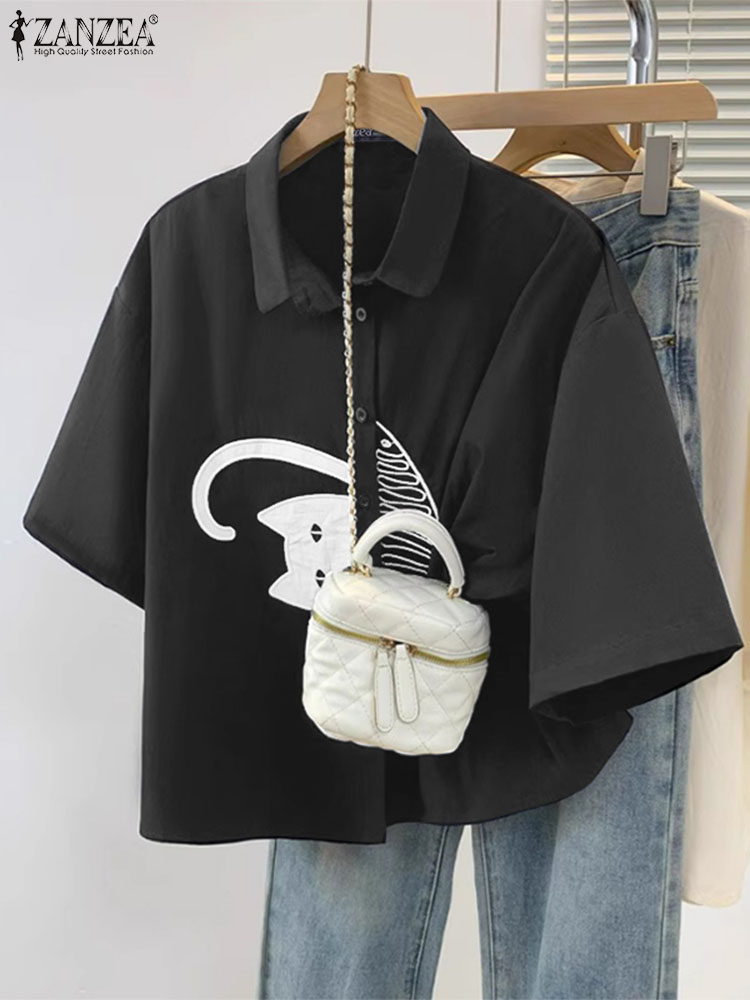 ZANZEA レディース カジュアル カラーシャツ 夏 ドロ - Embroidery Cat のレビューと価格
