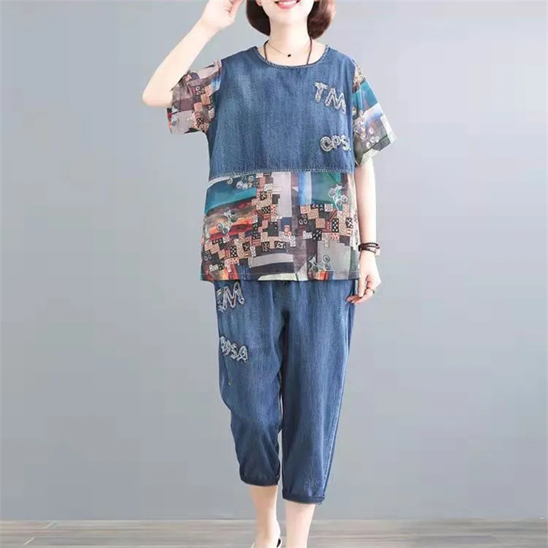 5XL 夏の女性のジーンズセット春夏の新プリントステッチファ - Embroidery On Jeans のレビューと価格