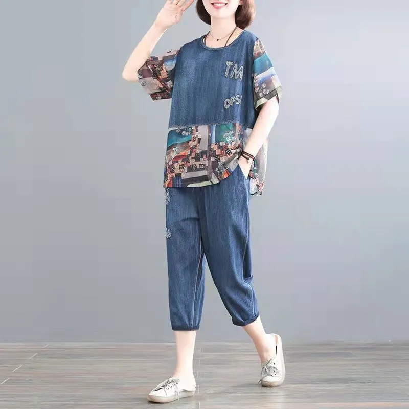 5XL 夏の女性のジーンズセット春夏の新プリントステッチファ - Embroidery On Jeans のレビューと価格