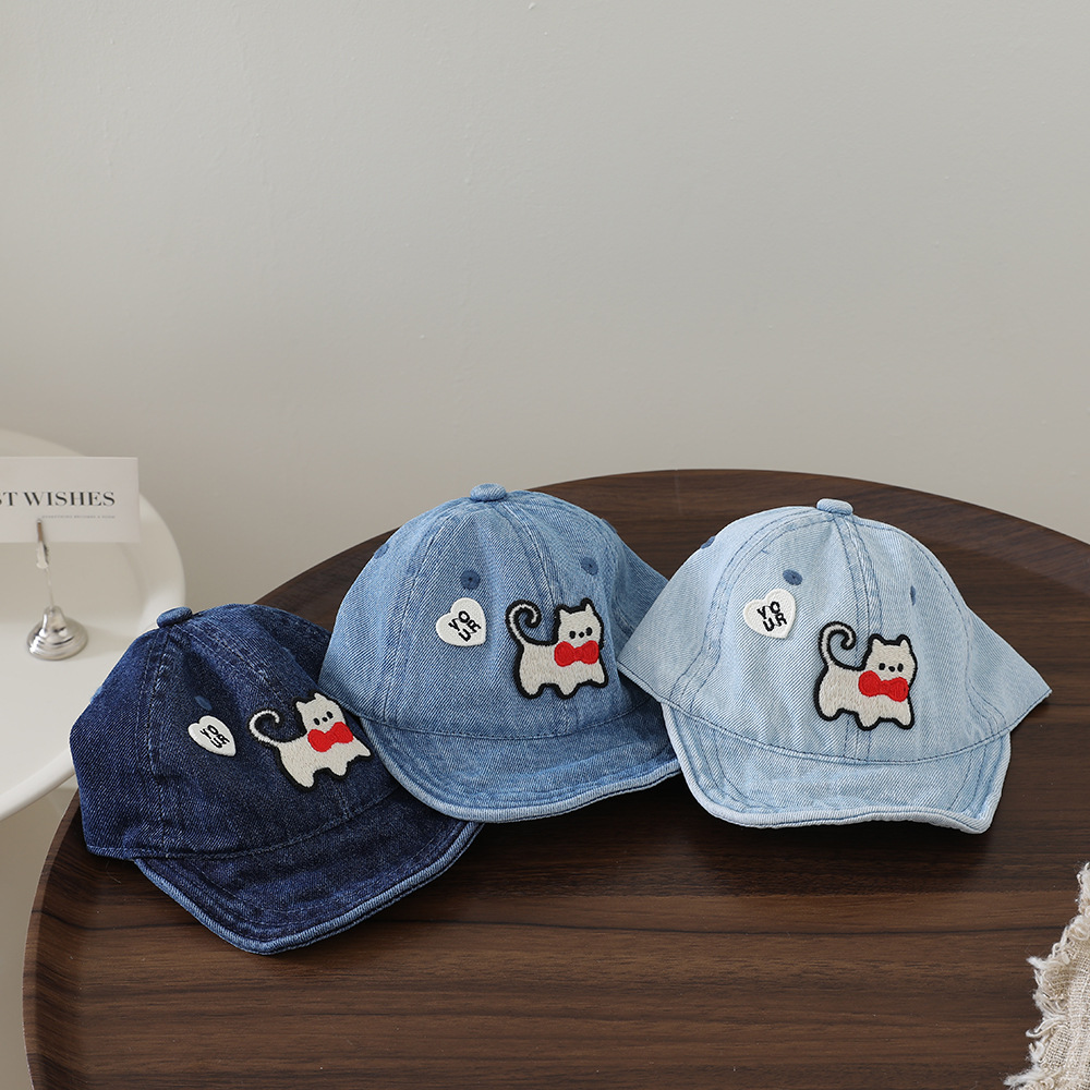 子供用ウォッシャブルデニムソフトブリム野球帽、猫の刺繍入り、 - Embroidery Cat のレビューと価格