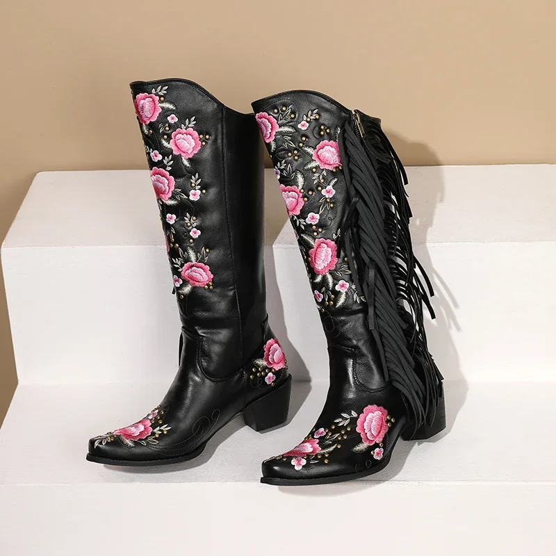 ファッション刺繍フラワーウエスタンニーハイブーツ女性ポインテ - Embroidery Flower のレビューと価格