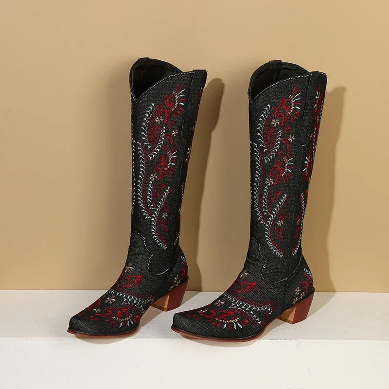 ブルーデニムウエスタンカウガールニーハイブーツ女性刺繍フラワ - Embroidery Flower のレビューと価格